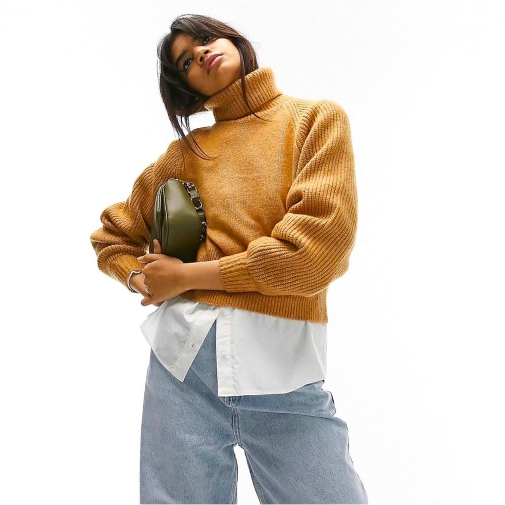 Topshop Turtleneck Chunky Ribbed Sweater in Camel Brown Tan 12 NWOT